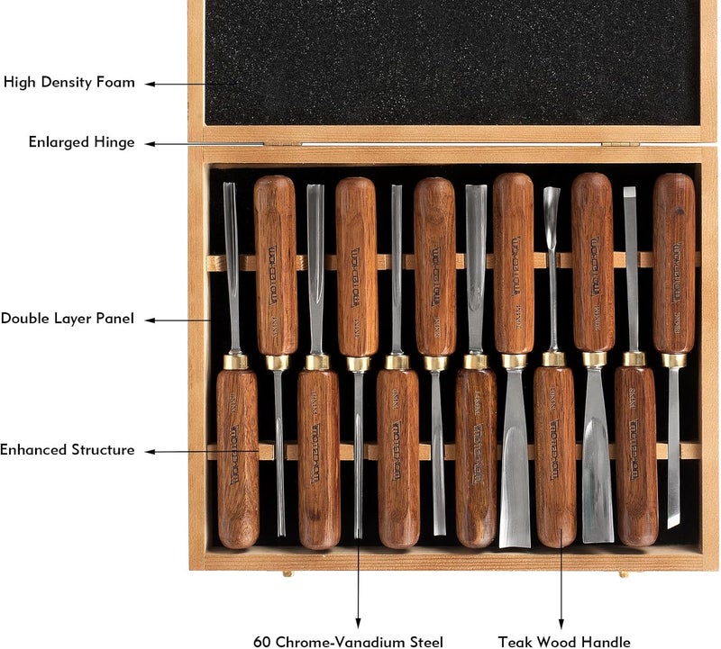 IMOTECHOM 12-Pieces Woodworking Wood Carving Tools Chisel Set with Wooden Box, Razor Sharp CR-V 60 Steel Blades - Image 2
